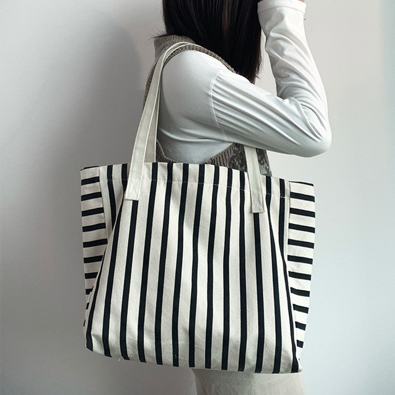 Large Canvas Tote Bag Striped Black White Shoulder Handbag Cotton Beach Shopper