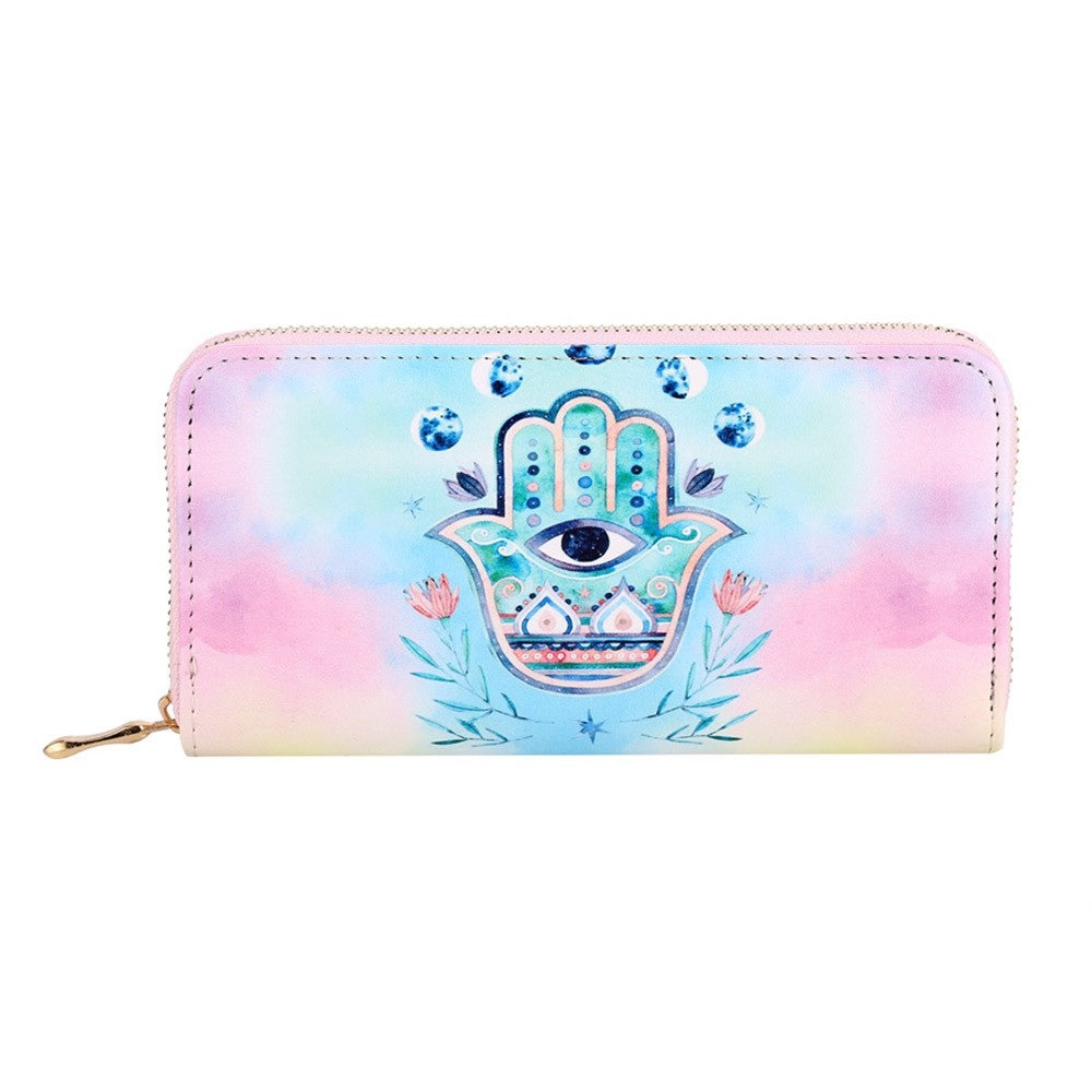 Pastel Hamsa Hand Evil Eye Zip Around Wallet - Bohemian Spiritual Wristlet