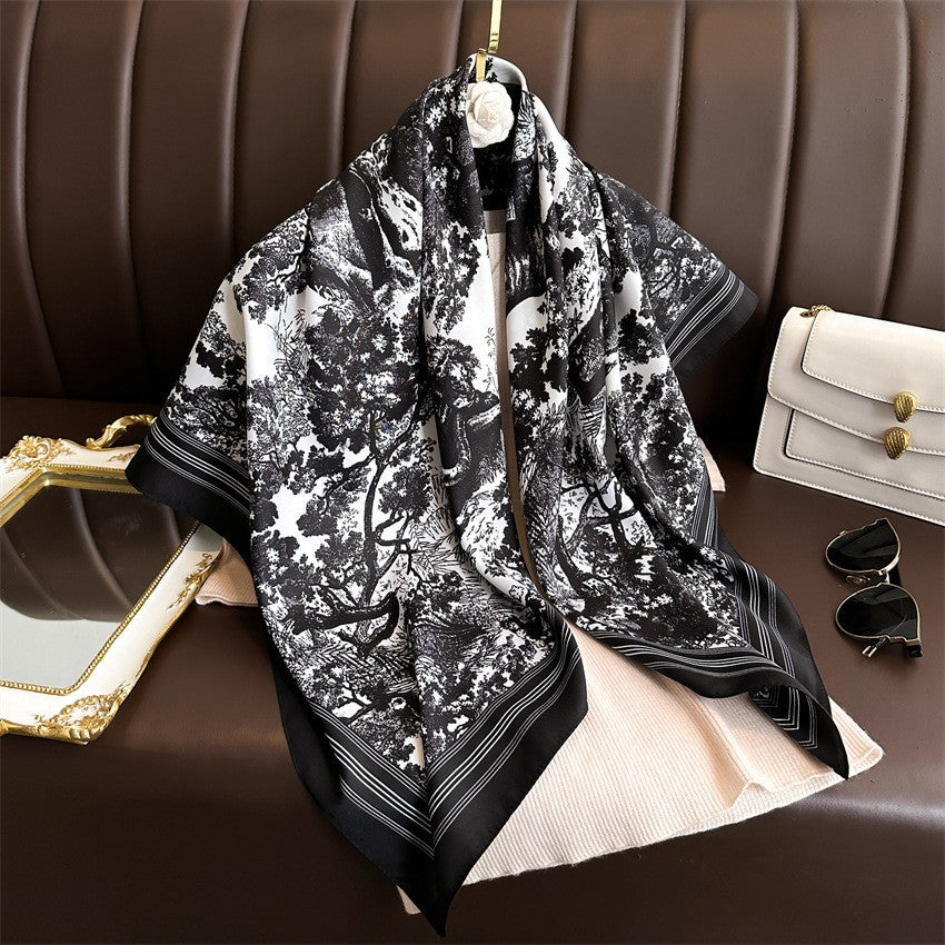 Luxury Black White Toile De Jouy Print Silk Scarf Shawl Wrap 35" Womens Scarves