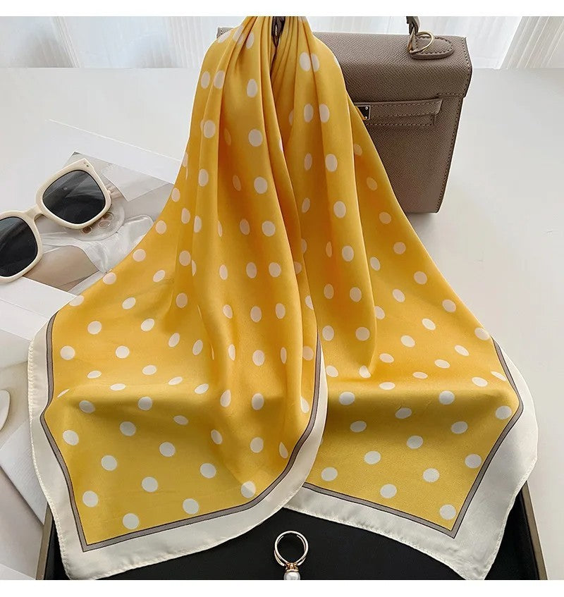 2pcs Polka Dot Silk Feel Square Neck Scarf Yellow Black Hair Head Wrap Set