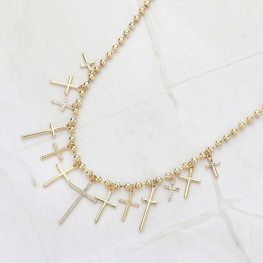 Gold Cross Charm Necklace Statement Beaded Chain Adjustable Spiritual Jewelry