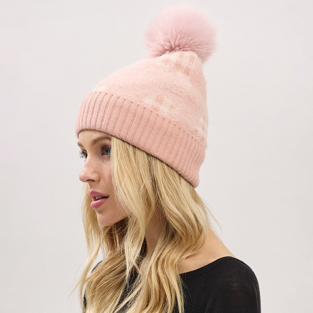 Women's Winter Beanie Hat One Size Pink Plaid Pattern Faux Fur Pom Pom Accent