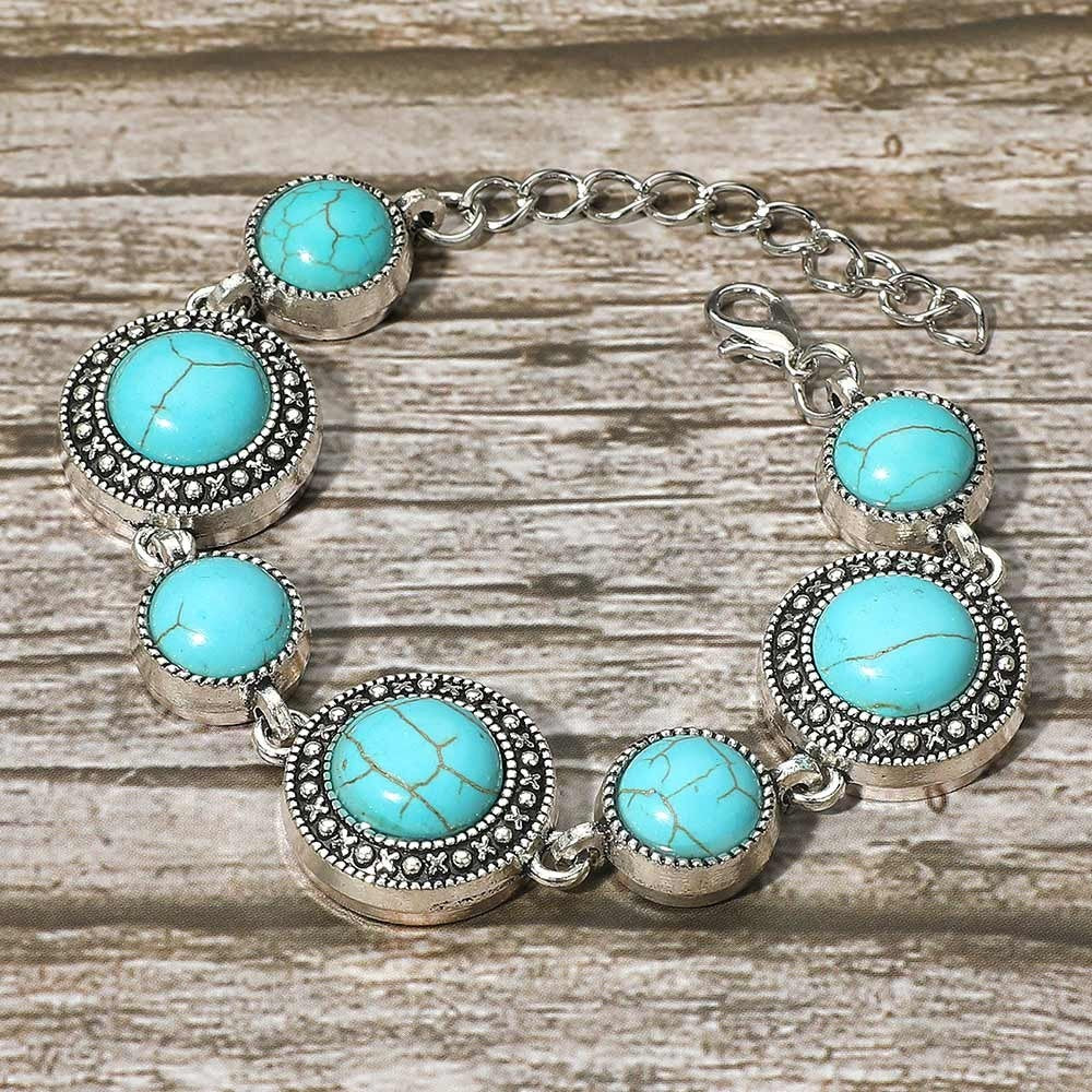 Turquoise Bracelet Silver Boho Jewelry Adjustable Women Vintage Stone Charm