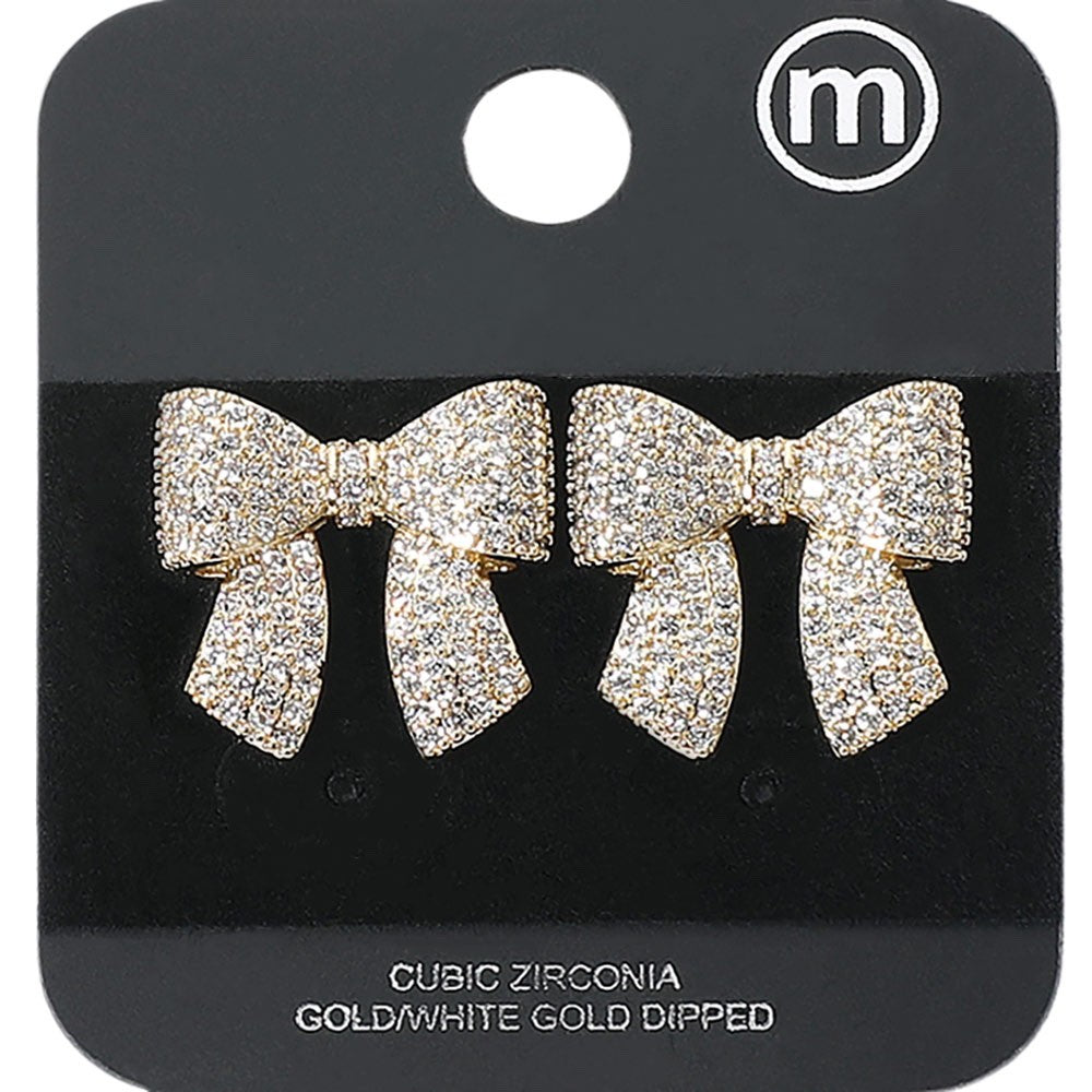Sparkling Cubic Zirconia Pavé Bow Tie Stud Earrings Gold and White Gold Dipped