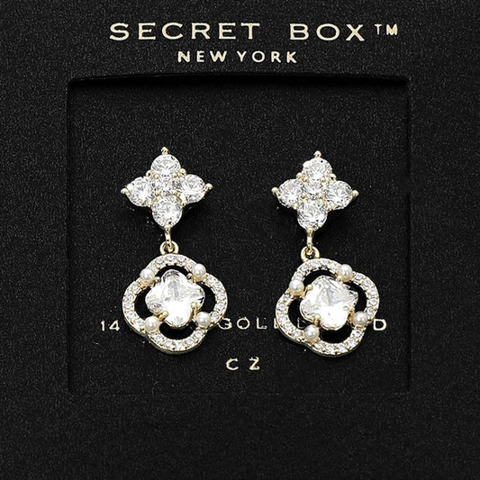 Elegant Gold Cubic Zirconia Quatrefoil Drop Earrings Sparkling Bridal Jewelry