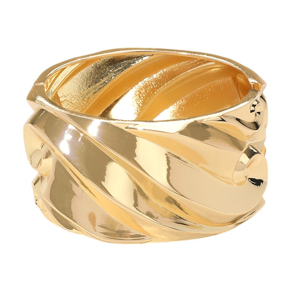 2PC Wide Gold Tone Swirl Textured Cuff Bangle Bracelet Set Chunky Hinged Jewelry