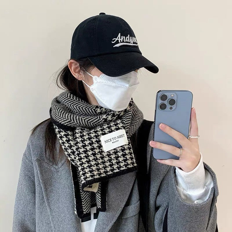 2PCS Houndstooth Winter Scarf Set Women Men Knit Warm Soft Fashion Style