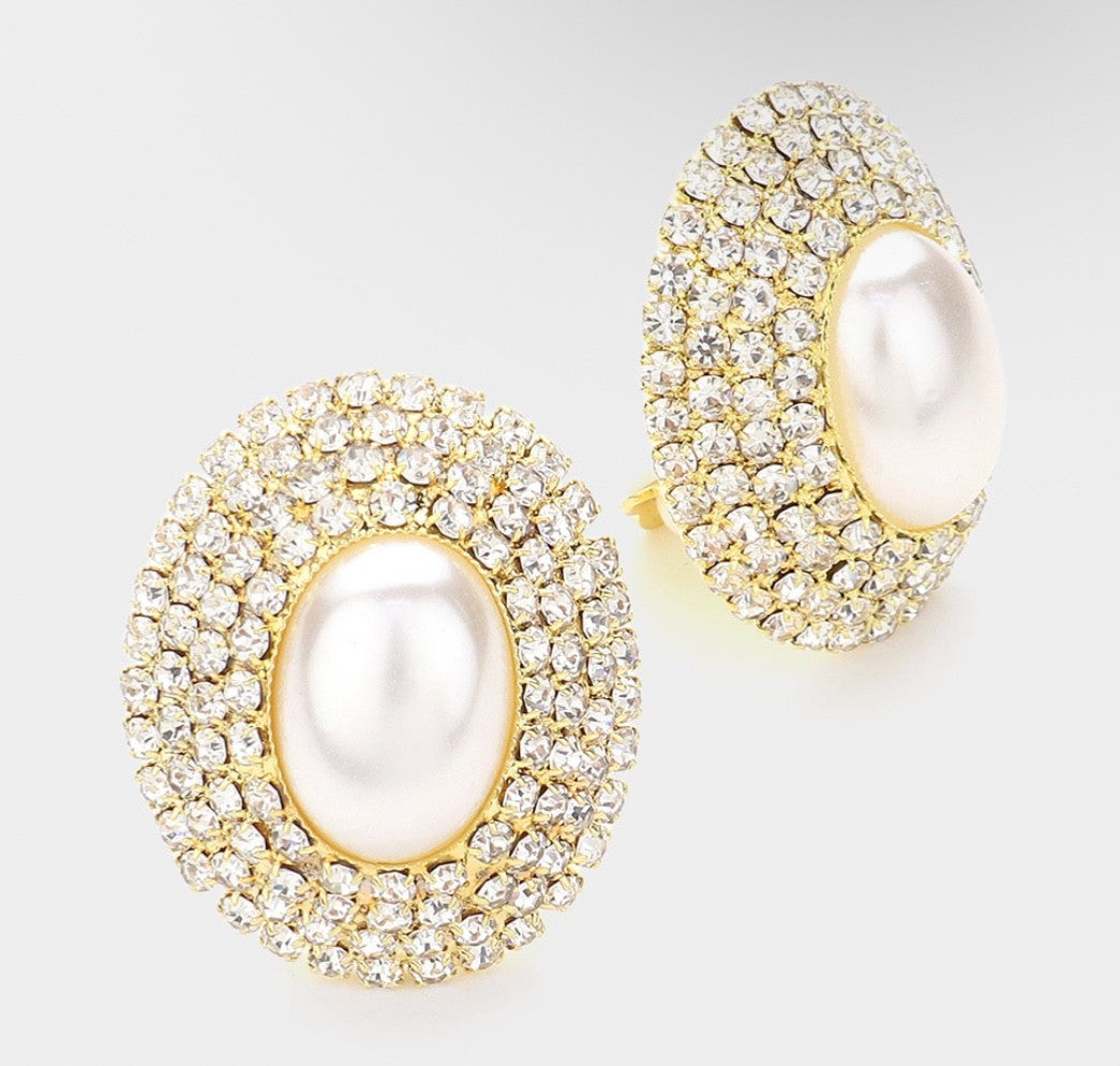 Elegant Gold Oval Faux Pearl Rhinestone Halo Statement Clip On Earrings