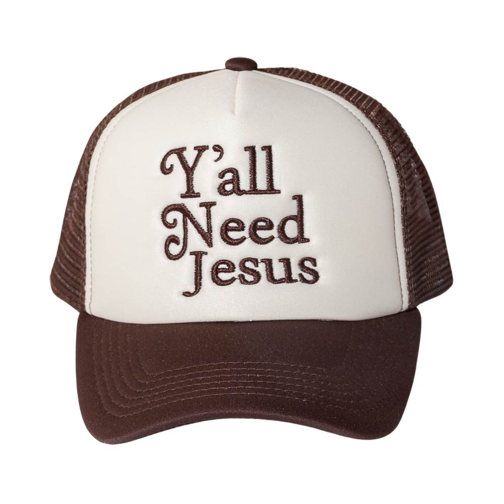 Rustic Brown & Cream Y'all Need Jesus Embroidered Trucker Baseball Cap