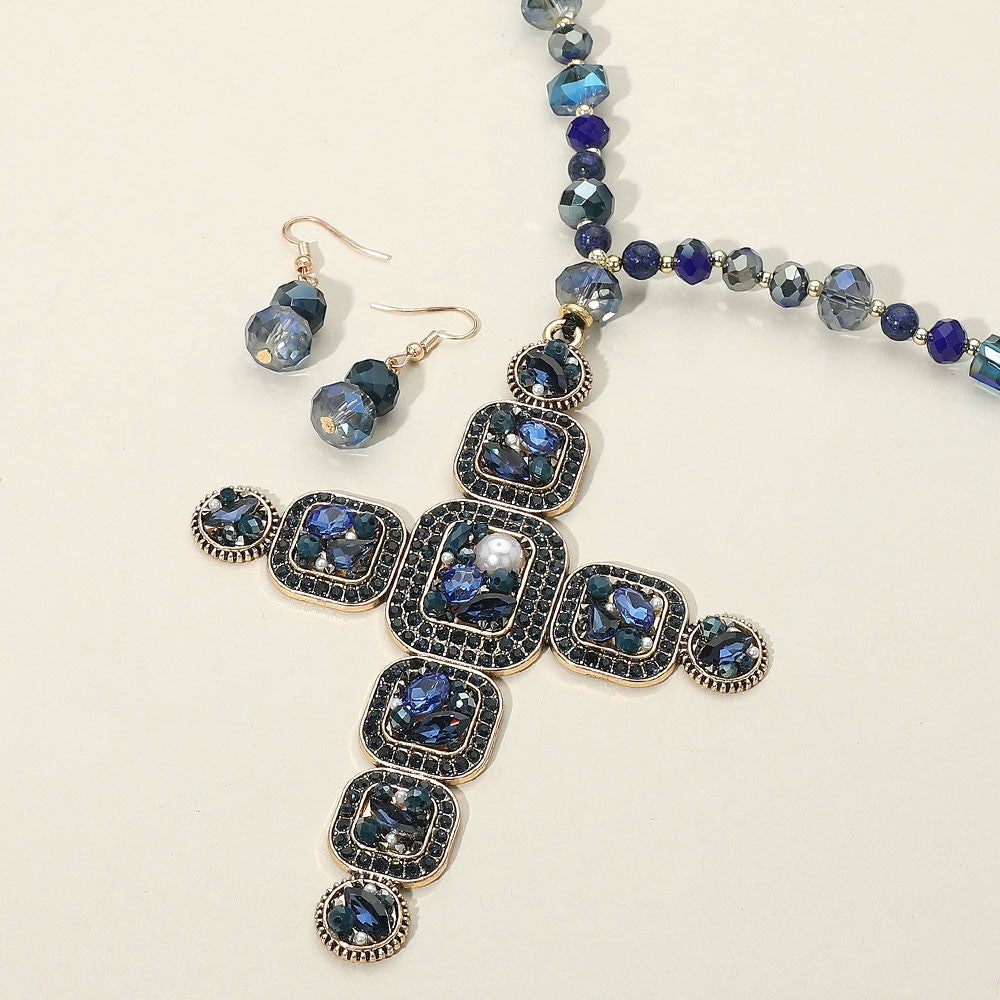 Stone Pearl Embellished Cluster Cross Pendant Faceted Beaded Long Necklace