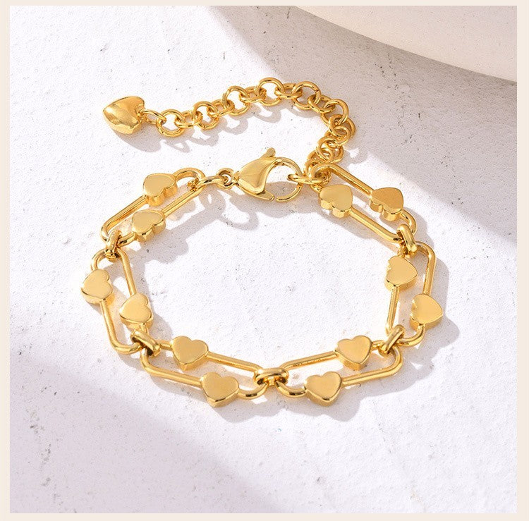 2-Piece Set: Heart Bracelet Double Layered Gold & Silver Tone Adjustable