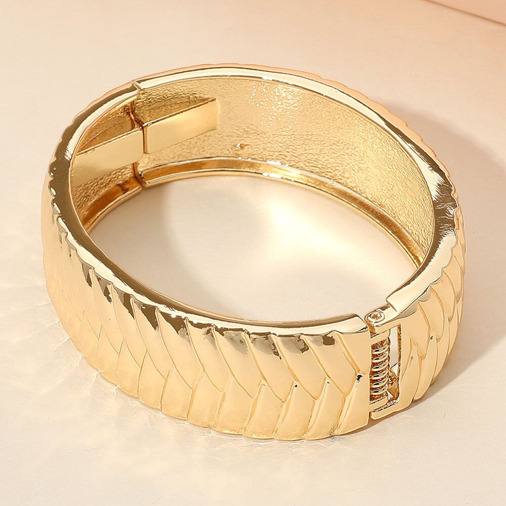Textured Metal Hinged Bangle Bracelet Gold Tone Jewelry for Women Classic Everyd