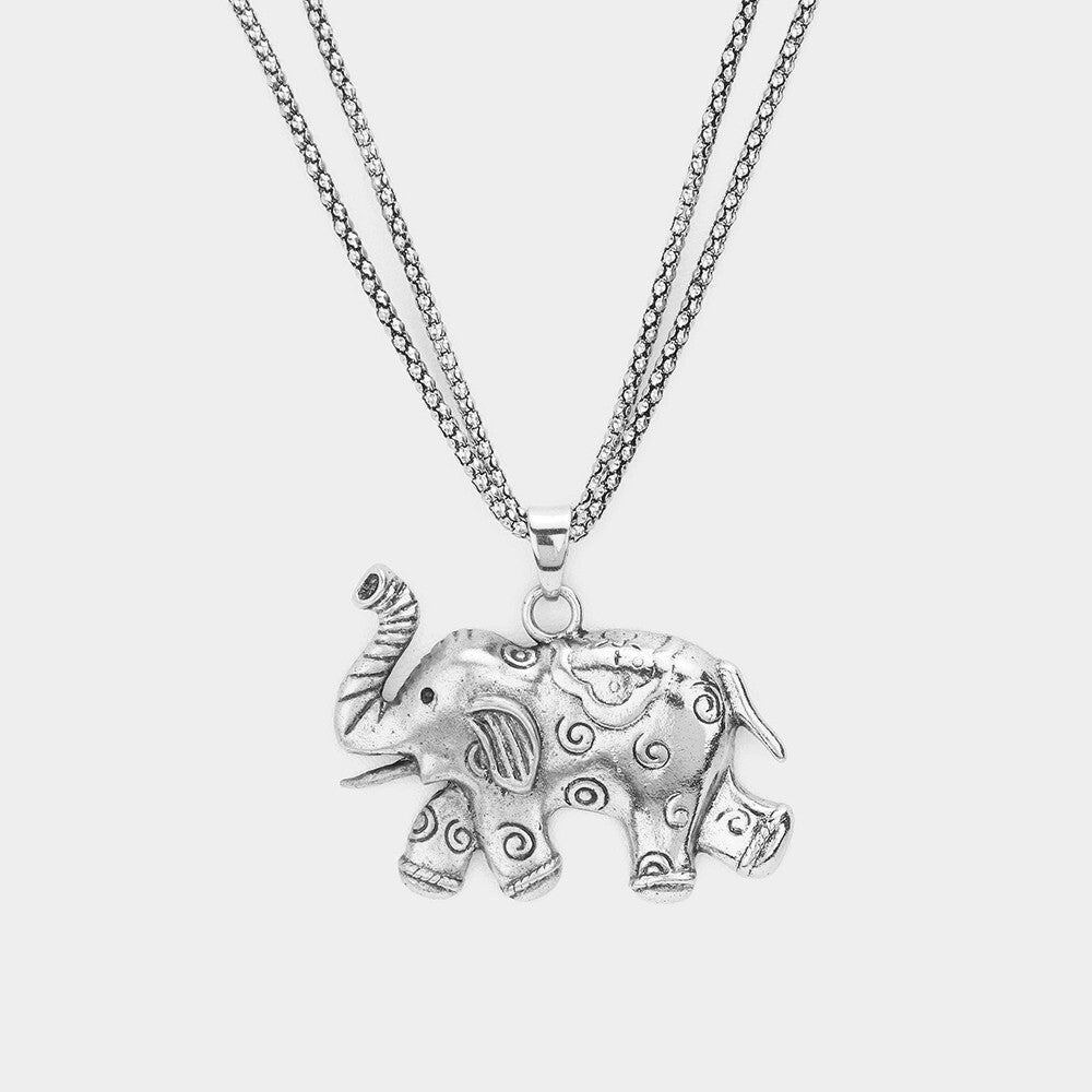 Textured Metal Elephant Pendant Double Chain Long Necklace Silver Color