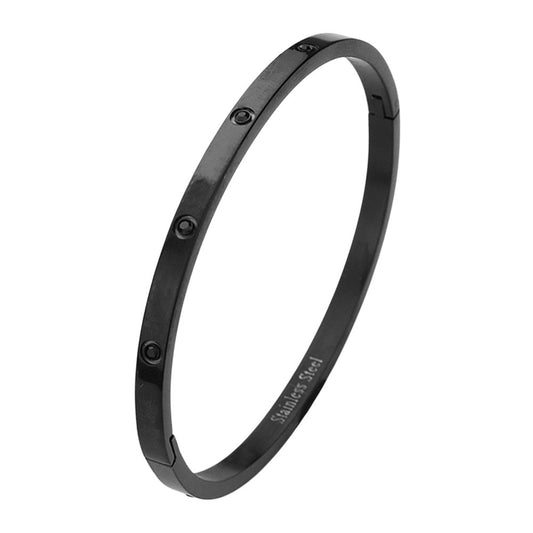 Black Stainless Steel Crystal Inlay Hinged Bangle - Sleek Modern Bangle