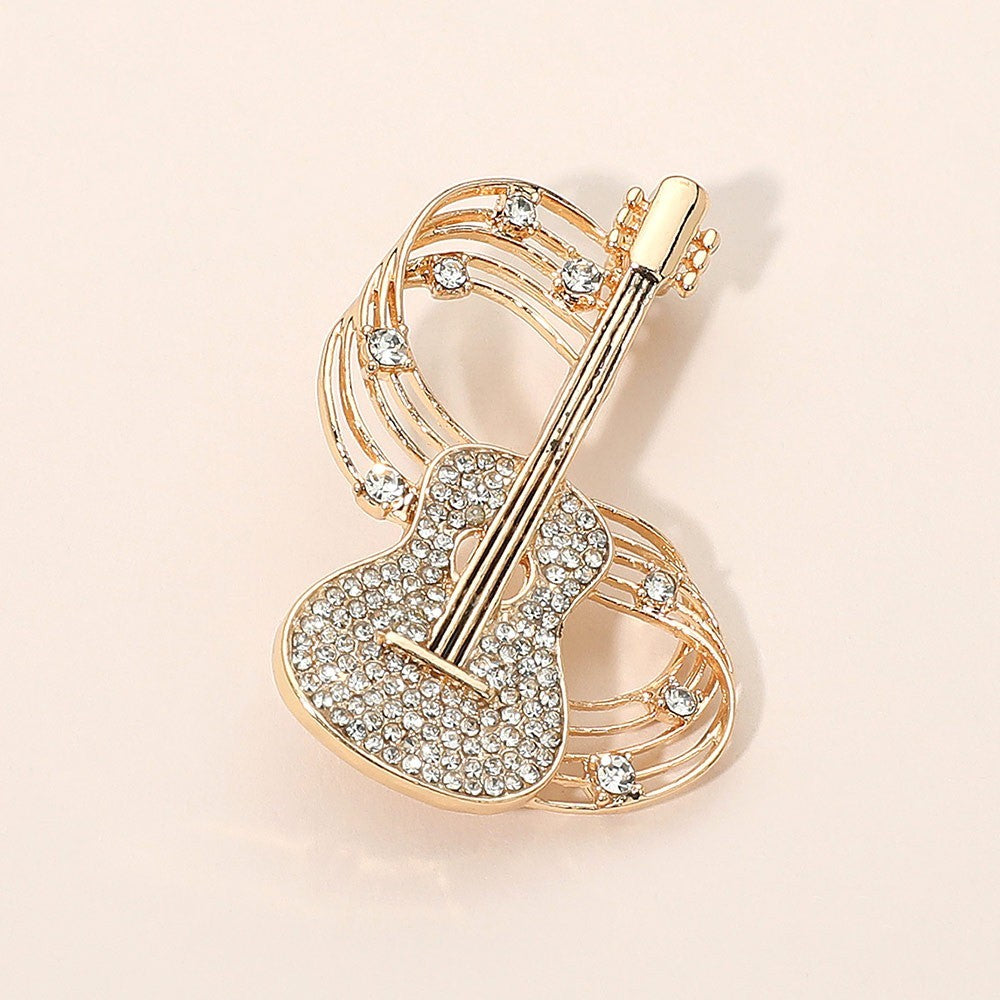 Gold Crystal Guitar Brooch Pin Musical Note Accent Musician Gift Women Jewelry