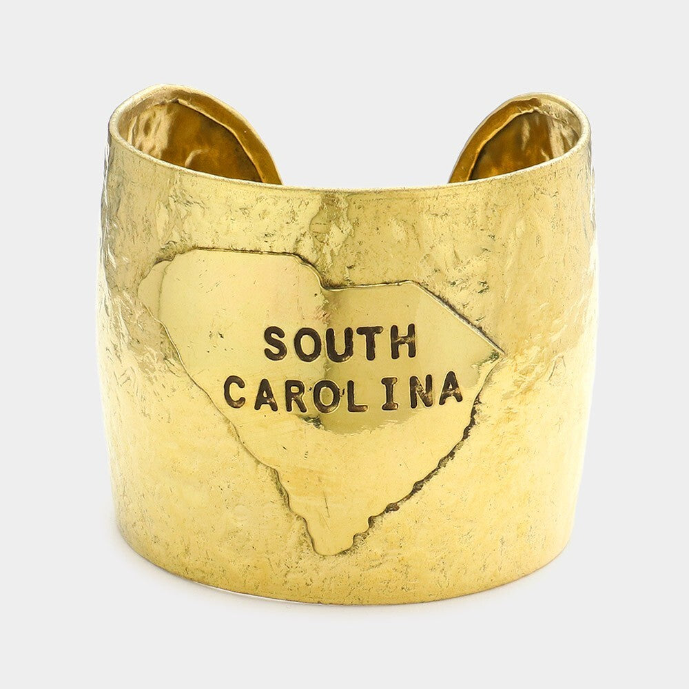 South Carolina State Map Gold Hammered Wide Metal Cuff Bracelet for Women Gift
