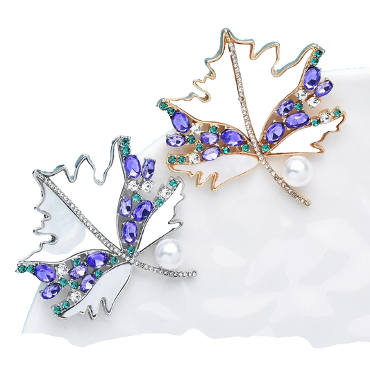 2pcs Maple Leaf Brooch Pin Cream Enamel Purple Rhinestone Faux Pearl Set