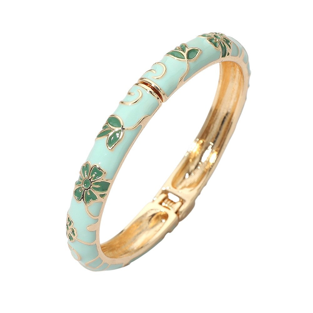 2pc Vintage Floral Enamel Gold Hinged Bangle Bracelet Set in Black and Mint