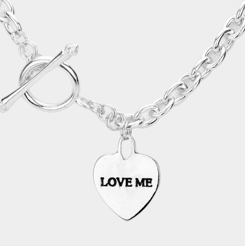 Silver Tone LOVE ME Heart Charm Toggle Necklace with Chunky Link Chain Jewelry