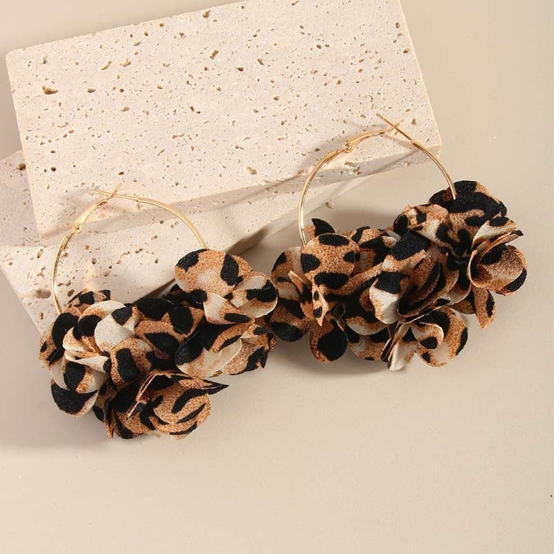 Leopard Print Flower Hoop Earrings Fabric Cluster Oversized Statement Jewelry