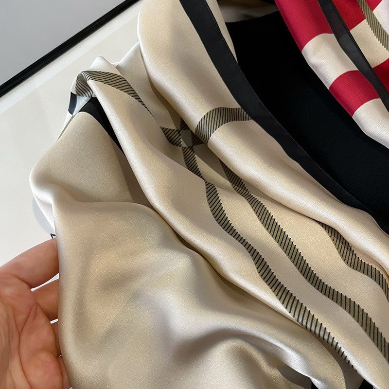 Silk Feel Beige Red Black Plaid Scarf Shawl Wrap | Women’s Satin Check Print