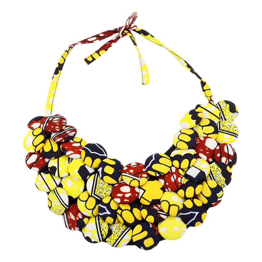 African Print Fabric Button Statement Necklace Ankara Kente Style Multicolor