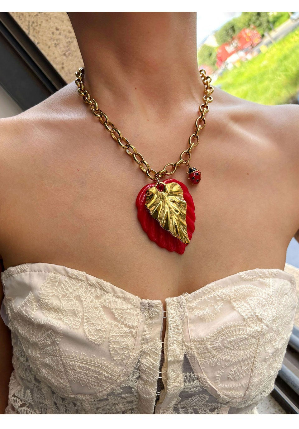 Oversized Red Leaf & Ladybug Charm Gold Chain Necklace for Women