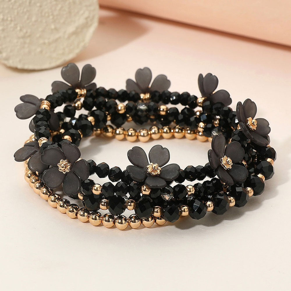 Gold Tone Black Flower 5pc Stackable Beaded Stretch Bracelet Set Jewelry Gift