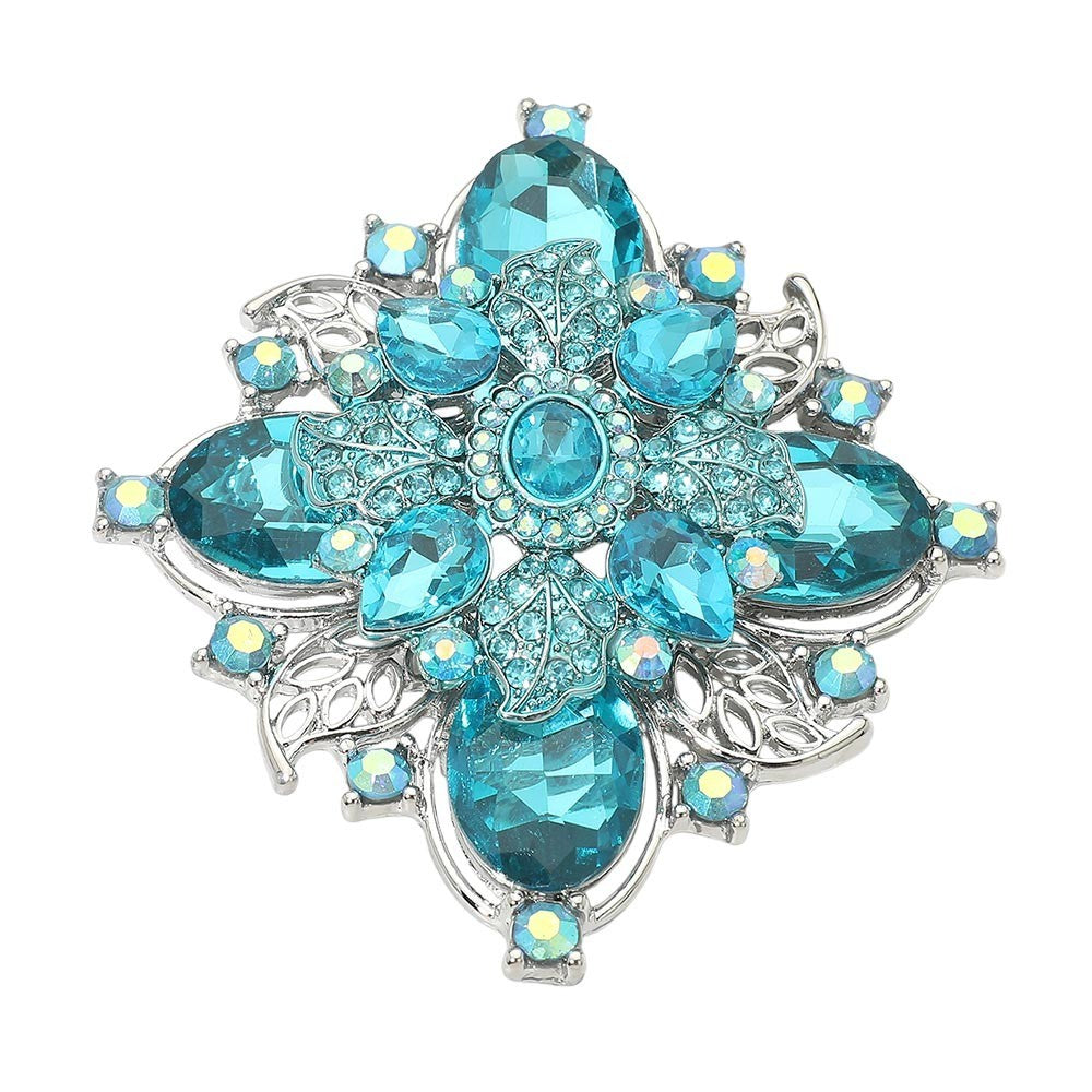 Vintage Silver Tone Ornate Detailing Faceted Aqua Rhinestone Floral Pin Brooch