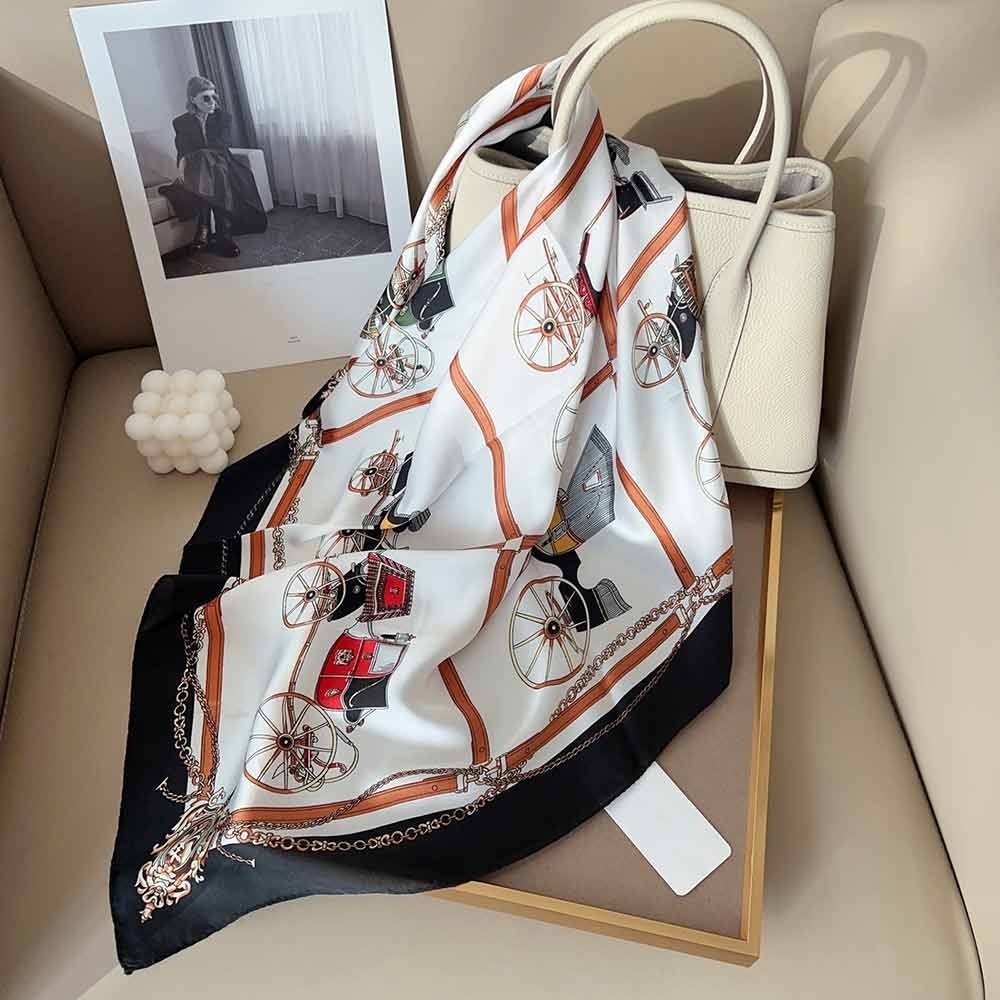 Black White Carriage Print Square Scarf Silk Feel Hair Head Wrap Handbag Tie