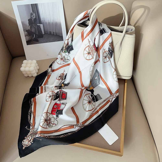Black White Carriage Print Square Scarf Silk Feel Hair Head Wrap Handbag Tie
