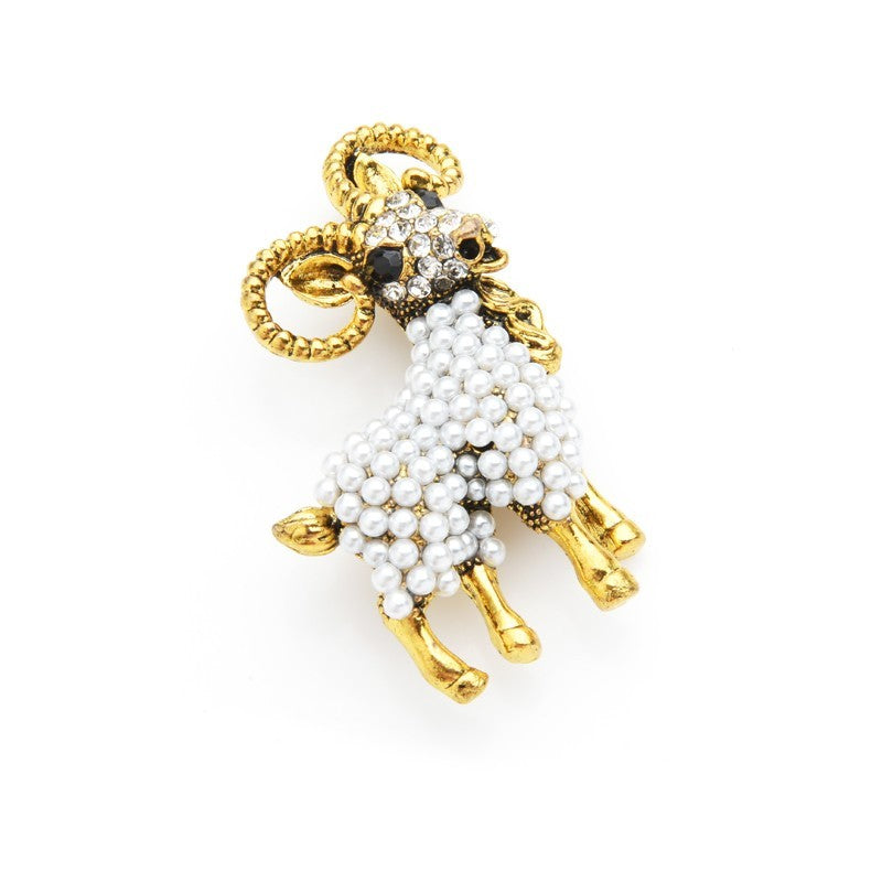 Pearl Rhinestone Ram Sheep Brooch Pin Pendant Chinese Zodiac Gift