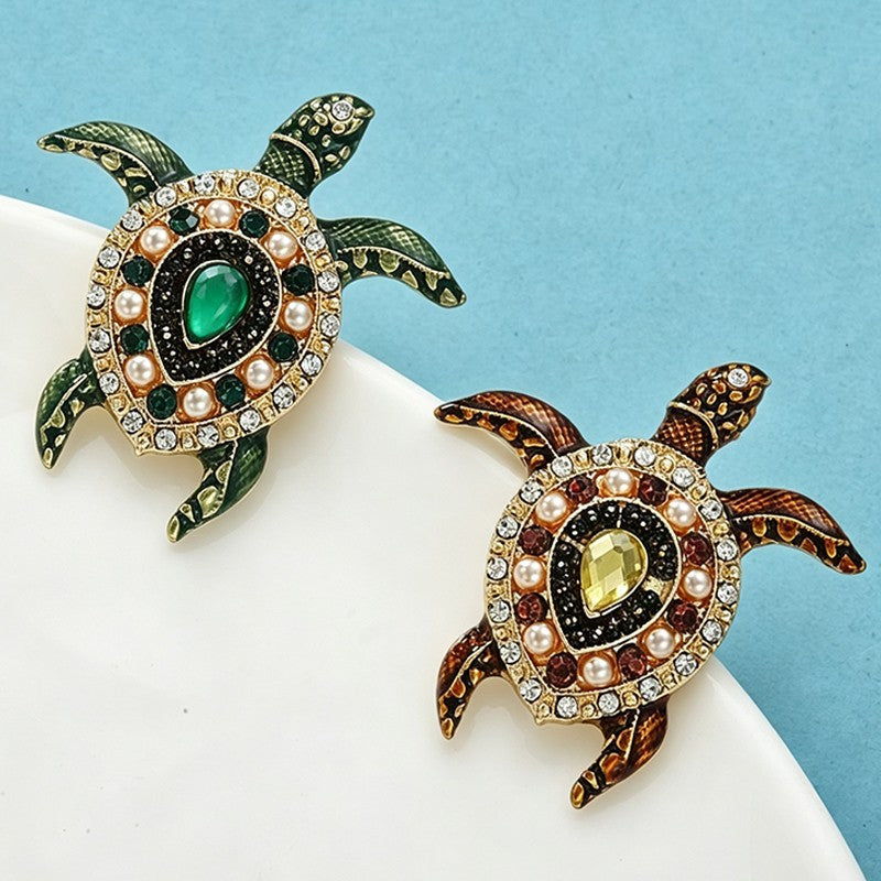 2pcs Sea Turtle Brooch Set Green Brown Enamel Crystal Rhinestone Animal Pin