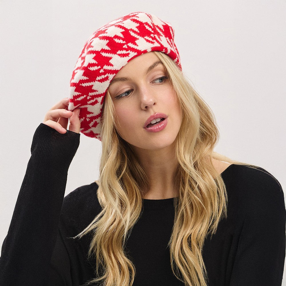 Classic Houndstooth Knit Beret Hat Women’s Winter Warm Stylish One Size