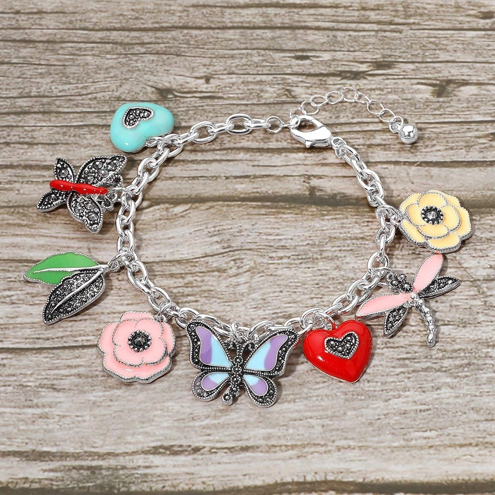 Silver Butterfly & Flower Enamel Charm Bracelet - Adjustable Nature Jewelry