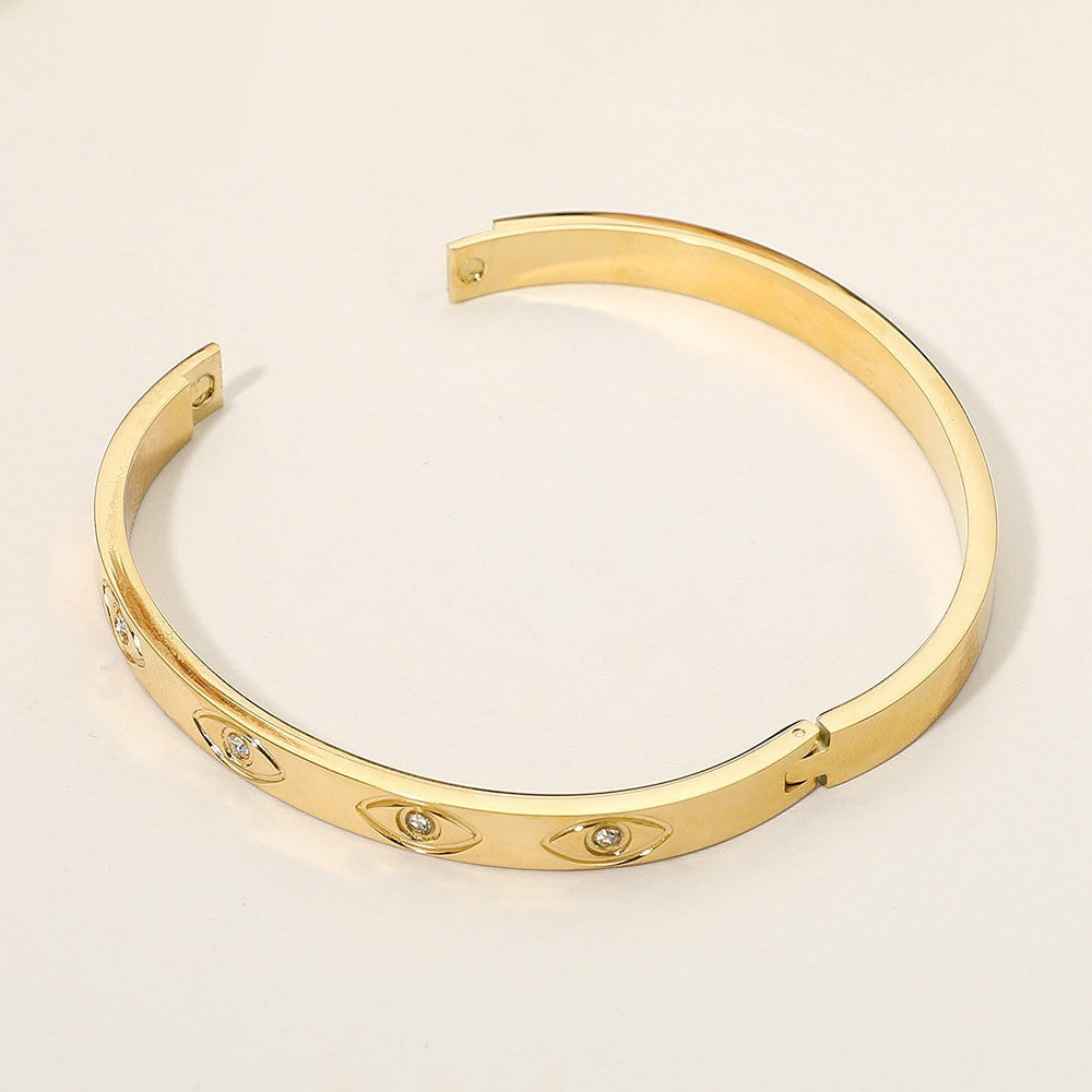 2pcs Set Gold Stainless Steel Evil Eye Bangle Bracelet Hinged CZ Protection