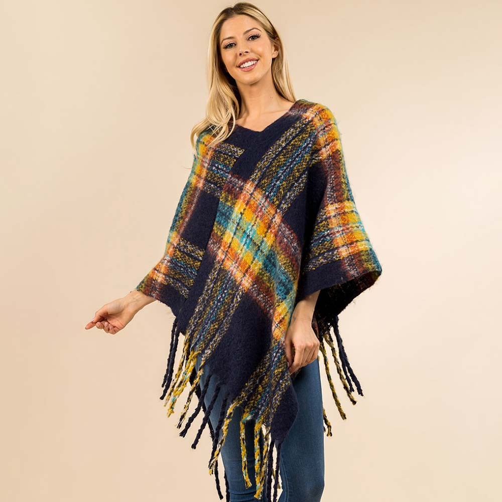 Plaid Fringe Hem Poncho for Women Warm Winter Wrap Shawl Capes for Ladies