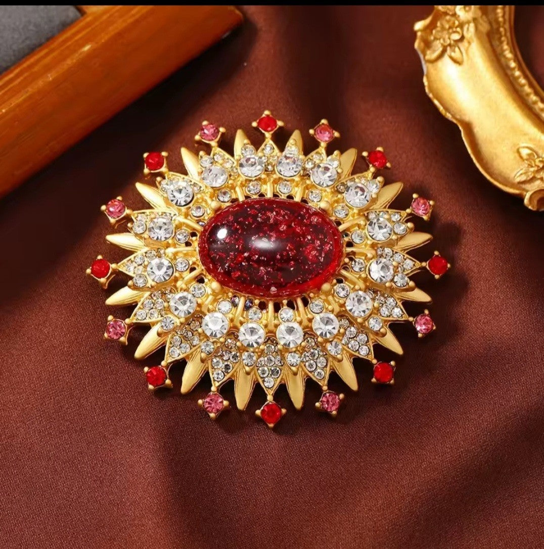2pcs Vintage Sunburst Brooch Set Red Teal Foil Glass Rhinestone Gold Tone Pin