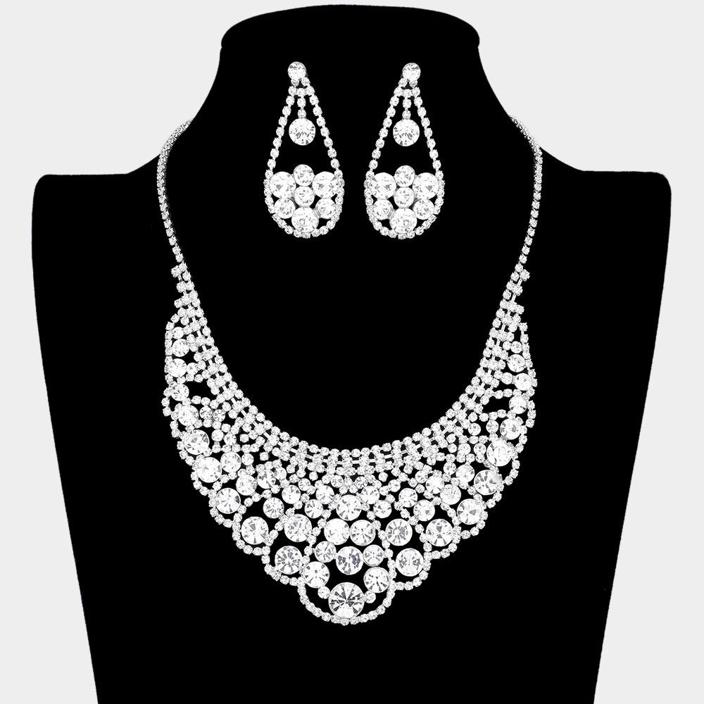 2pc Silver Rhinestone Bib Statement Necklace & Teardrop Earrings Jewelry Set