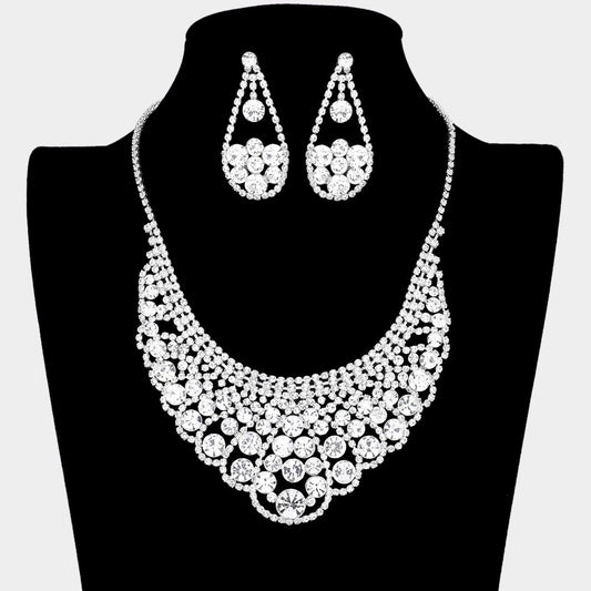 2pc Silver Rhinestone Bib Statement Necklace & Teardrop Earrings Jewelry Set