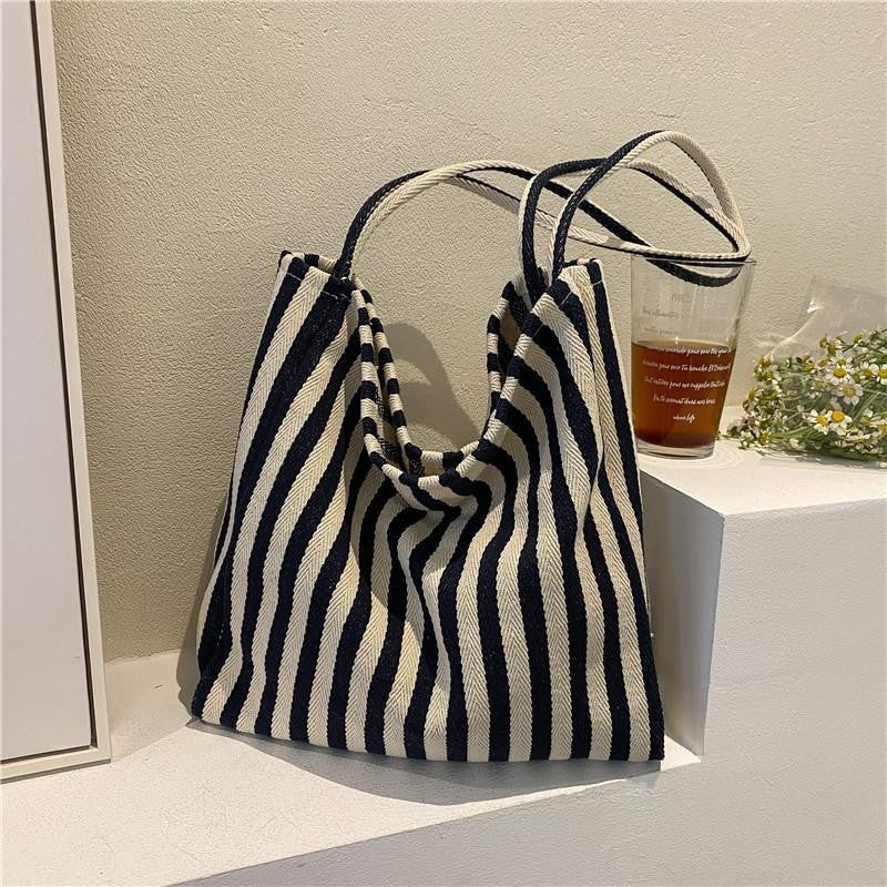 Women’s Striped Canvas Tote Bag Large Beach Travel Shopping Shoulder Purse