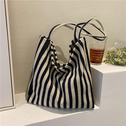 Women’s Striped Canvas Tote Bag Large Beach Travel Shopping Shoulder Purse