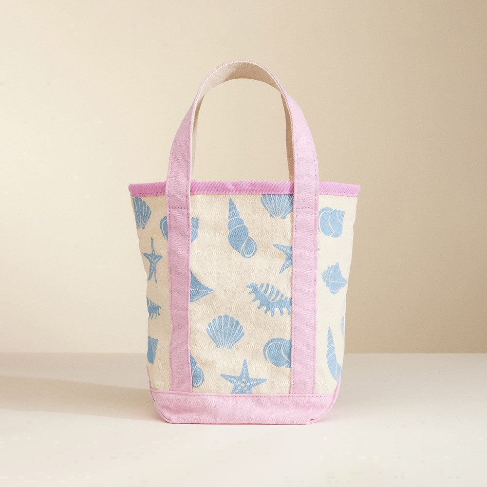 Canvas Seashell Print Mini Tote Bag Pink Trim Coastal Beach Vacation Handbag