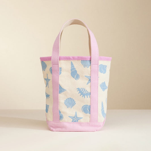 Canvas Seashell Print Mini Tote Bag Pink Trim Coastal Beach Vacation Handbag