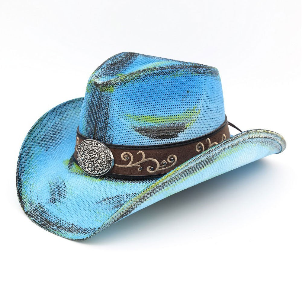 Blue Western Cowboy Hat Paper Straw Concho Band Distressed Rodeo Festival