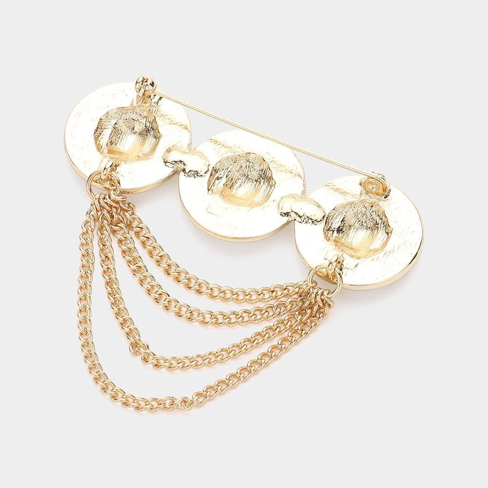 Gold Lion Head Medallion Brooch with Greek Key Border and Draping Chains