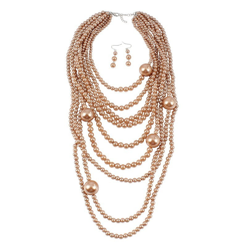 Multi Strand Champagne Pearl Necklace Earring Set Statement Jewelry