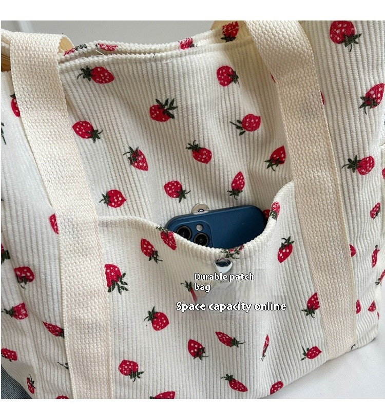 Women’s Corduroy Strawberry Print Tote Bag Large Capacity Shoulder Handbag