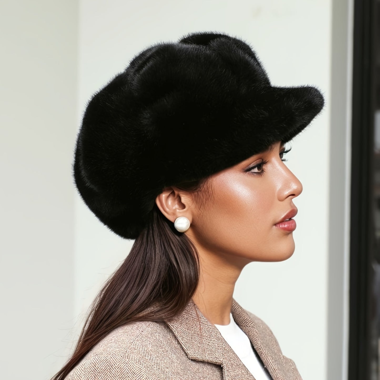 Faux Fur Beret Newsboy Hat Black Winter Cap Visor Cabbie Fashion Warm
