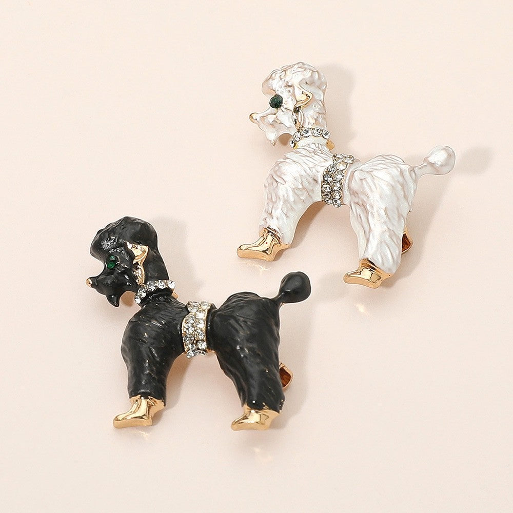 2pcs Poodle Dog Brooch Set Black and White Enamel Crystal Animal Puppy